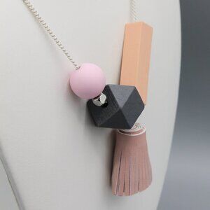 Jewelry necklace wood wooden modern artist fun long multicolor statement new